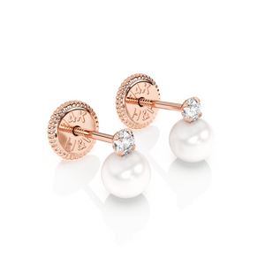 3mm Pearl Drop Clear CZ Stud Earrings - Solid 14K Rose Gold, Screw Back, for Babies & Children