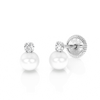 3mm Pearl Drop Clear CZ Stud Earrings - Solid 14K White Gold, Screw Back, for Babies & Children