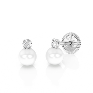 3mm Pearl Drop Clear CZ Stud Earrings - Solid 14K White Gold, Screw Back, for Babies & Children