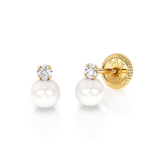 3mm Pearl Drop Clear CZ Stud Earrings - Solid 14K Gold, Screw Back, for Babies & Children