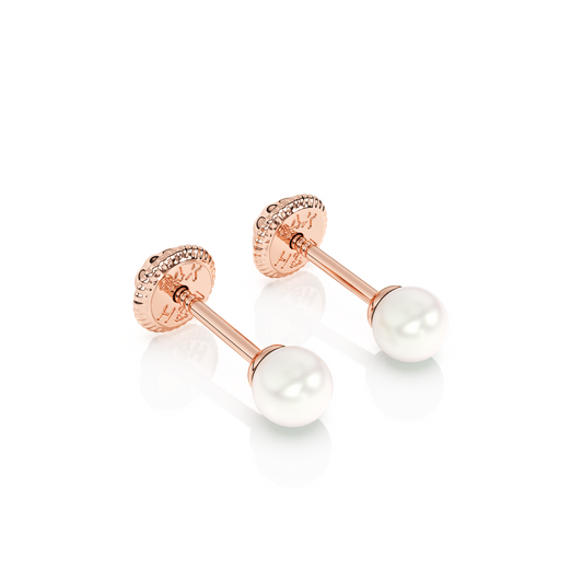 3mm Pearl Stud Earrings - Solid 14K Rose Gold, Screw Back, for Babies & Children