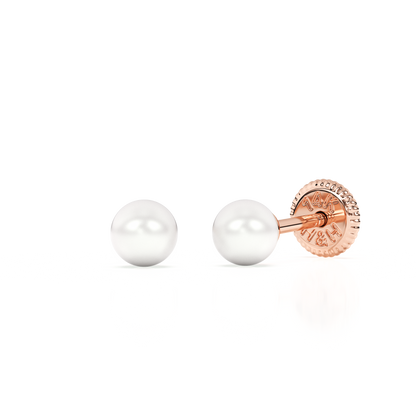 3mm Pearl Stud Earrings - Solid 14K Rose Gold, Screw Back, for Babies & Children