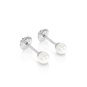3mm Pearl Stud Earrings - Solid 14K White Gold, Screw Back, for Babies & Children
