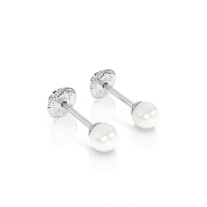 3mm Pearl Stud Earrings - Solid 14K White Gold, Screw Back, for Babies & Children