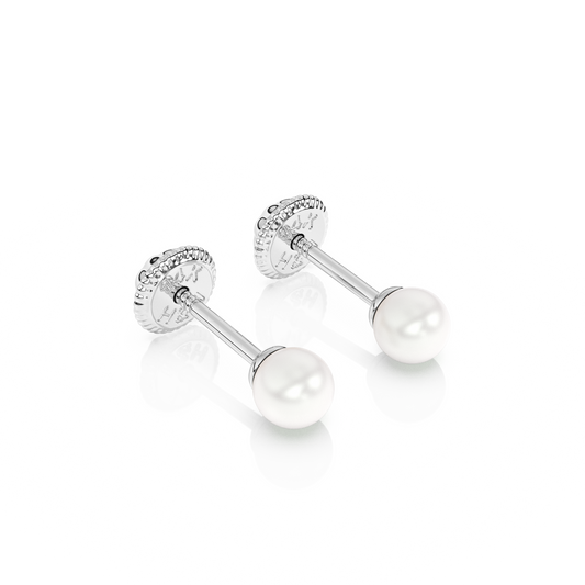 3mm Pearl Stud Earrings - Solid 14K White Gold, Screw Back, for Babies & Children