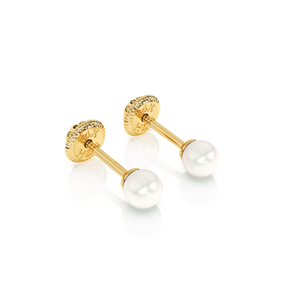 3mm Pearl Stud Earrings - Solid 14K Gold, Screw Back, for Babies & Children