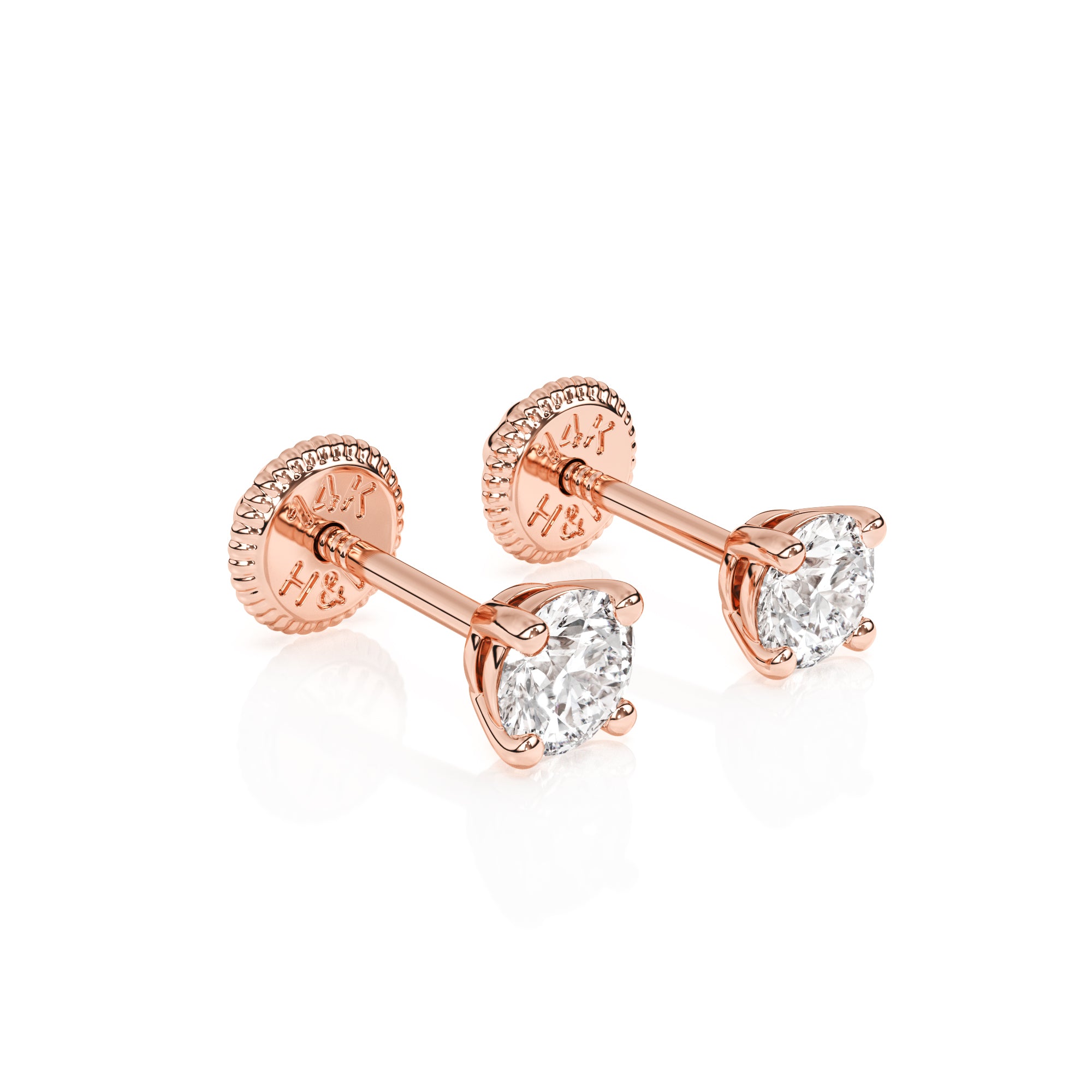 Rose gold stud earring with screwback post and clear round CZ stone.