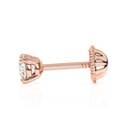Rose gold stud earring with screwback post and clear round CZ stone.