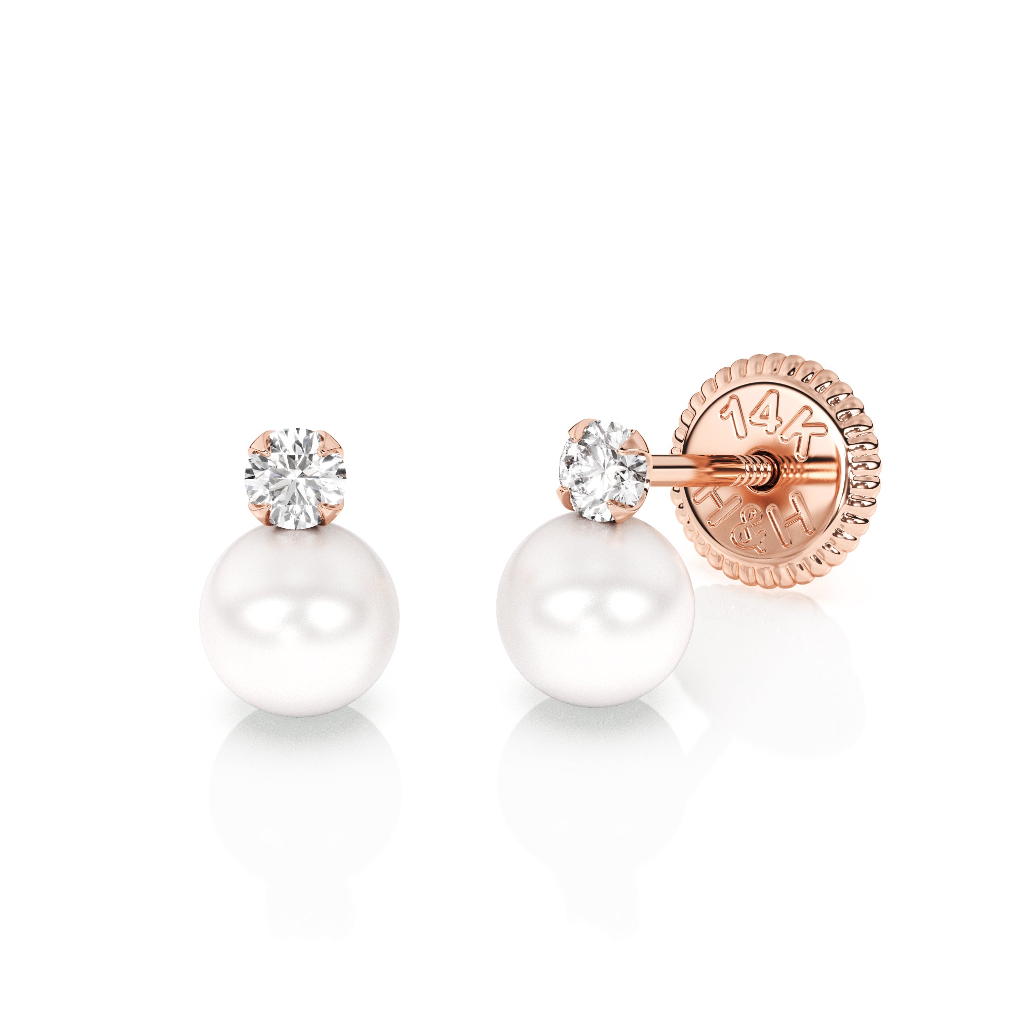 Rose gold stud earring with screwback post and clear CZ stone with a pearl below.