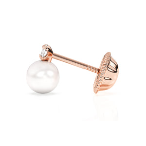Rose gold stud earring with screwback post and clear CZ stone with a pearl below.