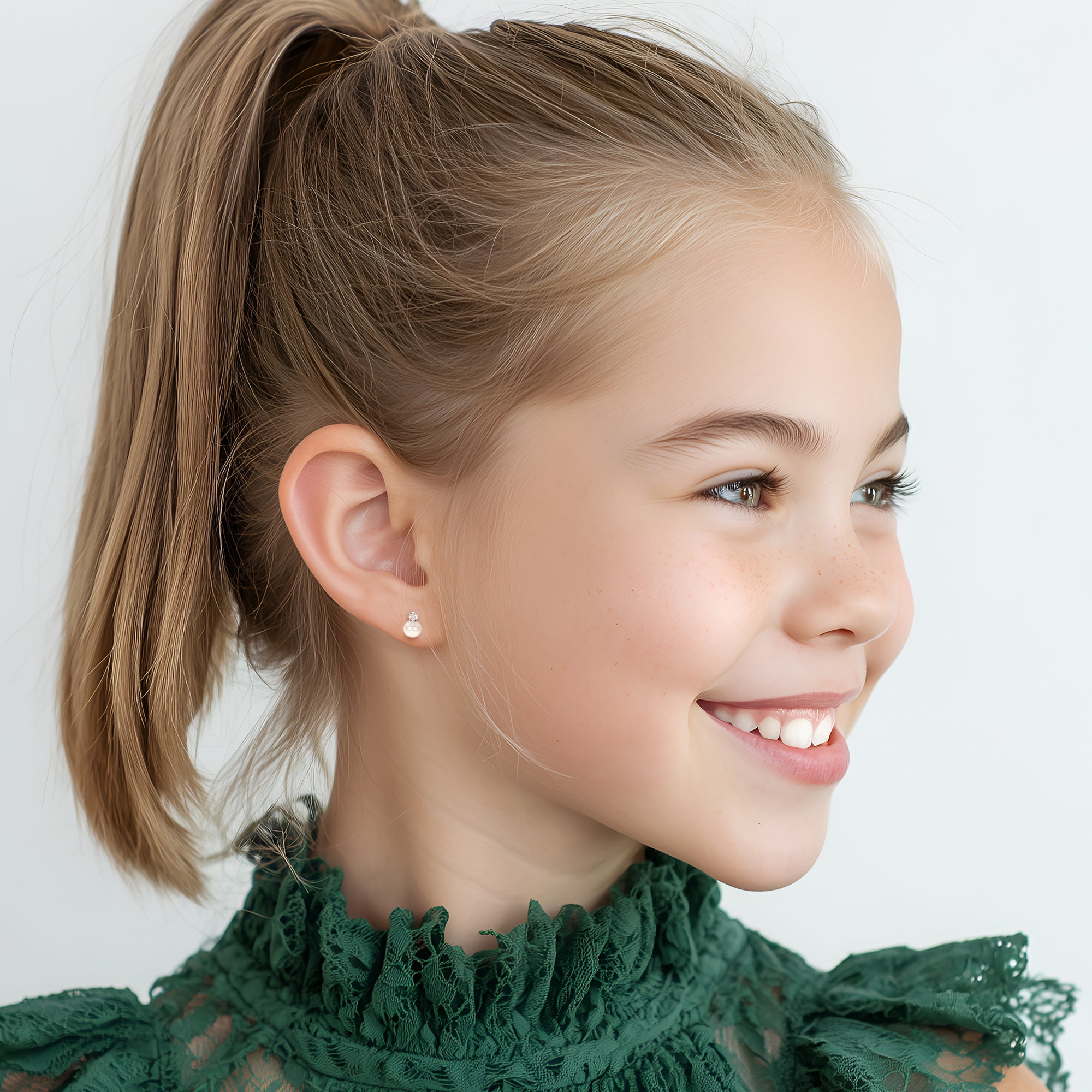 3mm Pearl Drop Clear CZ Stud Earrings - Solid 14K White Gold, Screw Back, for Babies & Children