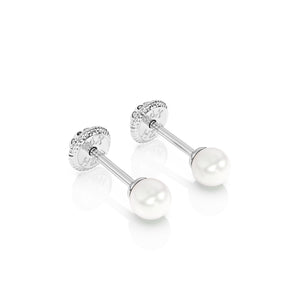 Pendientes de perla de 3 mm - Oro blanco macizo de 14 quilates, cierre de rosca, para bebés y niños