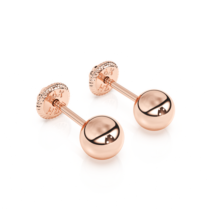 4mm Classic Round Stud Earrings - Solid 14K Rose Gold, Screw Back, for Babies & Children