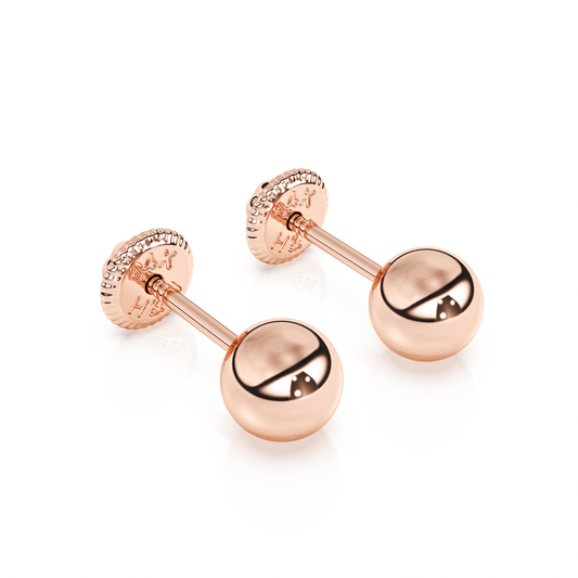 4mm Classic Round Stud Earrings - Solid 14K Rose Gold, Screw Back, for Babies & Children