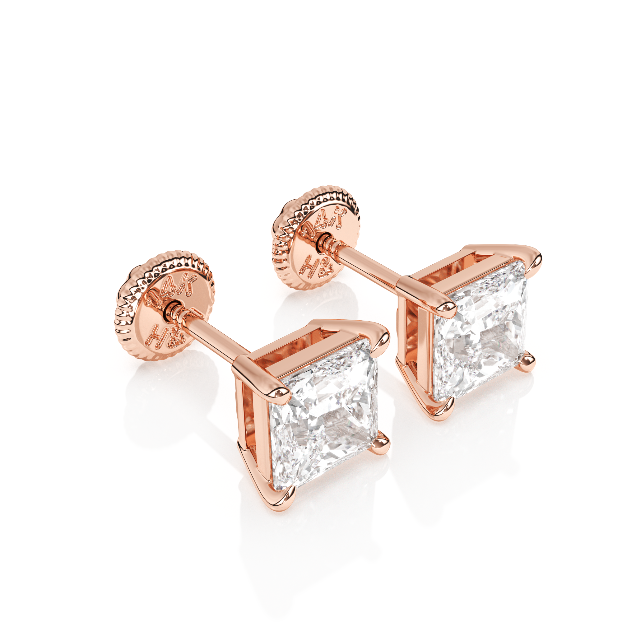 Pendientes de botón de 4 mm con circonita cúbica transparente de corte princesa, oro rosa macizo de 14 quilates, cierre de rosca, para bebés y niños.