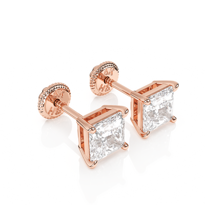 Pendientes de botón de 4 mm con circonita cúbica transparente de corte princesa, oro rosa macizo de 14 quilates, cierre de rosca, para bebés y niños.1
