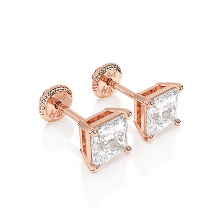 4mm Clear Princess Cut CZ, Stud Earrings - Solid 14K Rose Gold, Screw Back, for Babies & Children