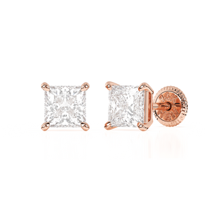 Pendientes de botón de 4 mm con circonita cúbica transparente de corte princesa, oro rosa macizo de 14 quilates, cierre de rosca, para bebés y niños.
