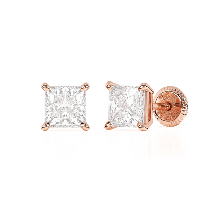 Pendientes de botón de 4 mm con circonita cúbica transparente de corte princesa, oro rosa macizo de 14 quilates, cierre de rosca, para bebés y niños.4