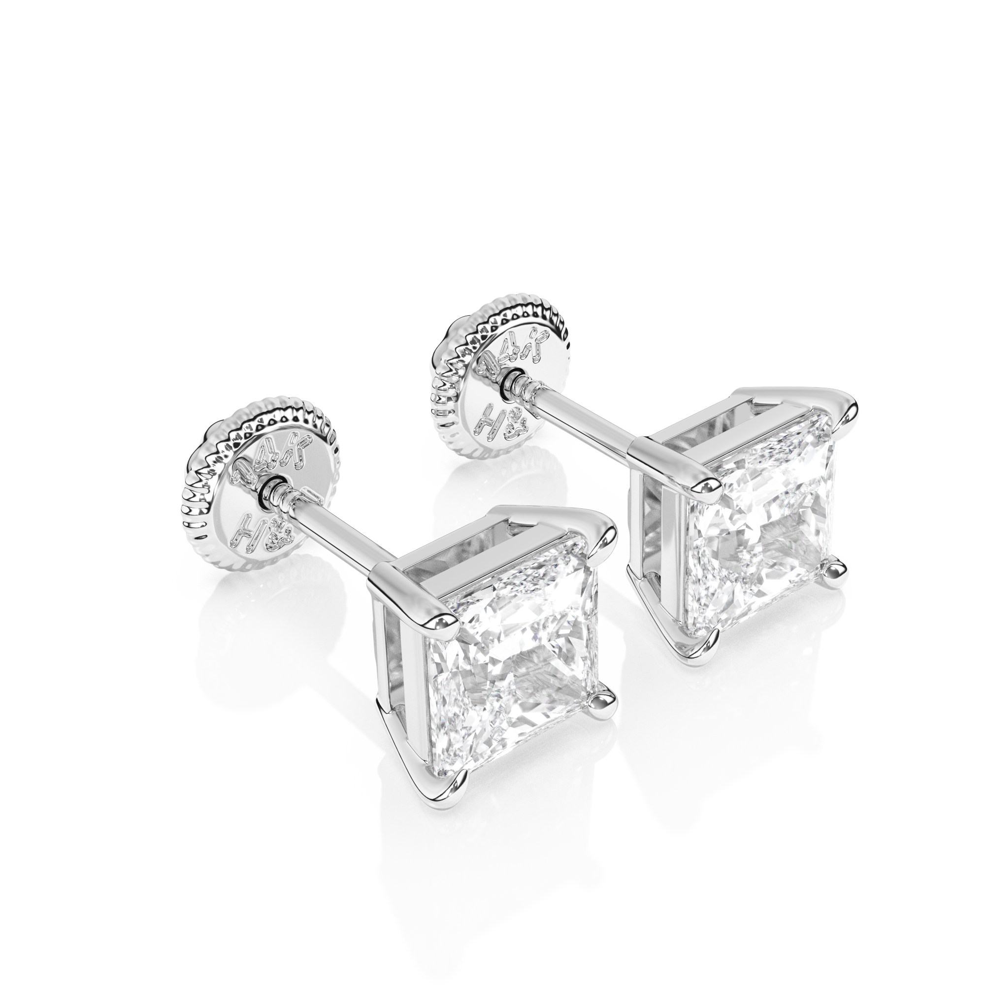 4mm Clear Princess Cut CZ, Stud Earrings - Solid 14K White Gold, Screw Back, for Babies & Children