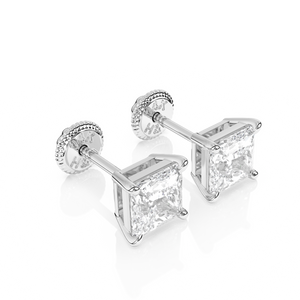 4mm Clear Princess Cut CZ, Stud Earrings - Solid 14K White Gold, Screw Back, for Babies & Children
