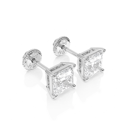 4mm Clear Princess Cut CZ, Stud Earrings - Solid 14K White Gold, Screw Back, for Babies & Children
