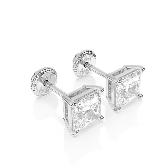 4mm Clear Princess Cut CZ, Stud Earrings - Solid 14K White Gold, Screw Back, for Babies & Children