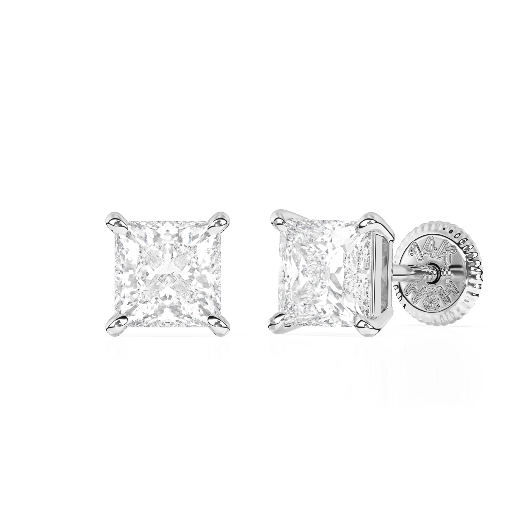 4mm Clear Princess Cut CZ, Stud Earrings - Solid 14K White Gold, Screw Back, for Babies & Children