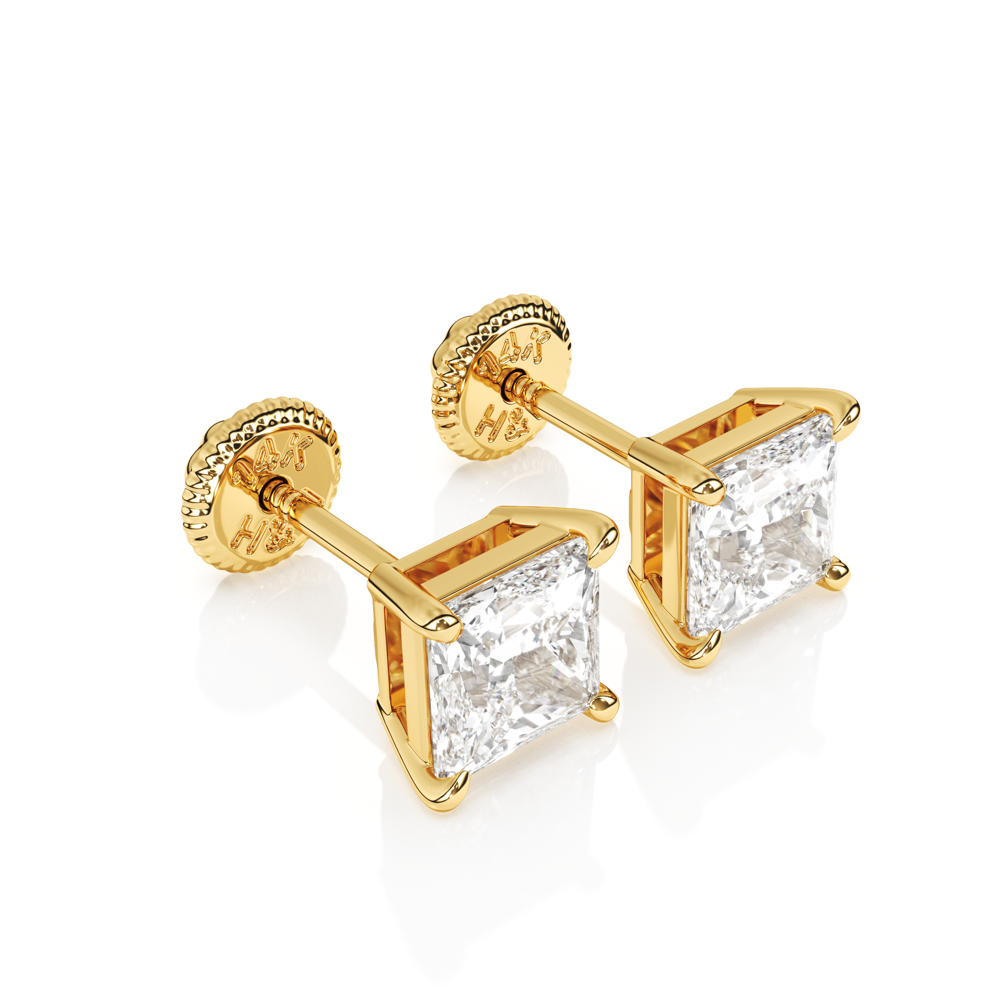 4mm Clear Princess Cut CZ, Stud Earrings - Solid 14K Gold, Screw Back, for Babies & Children