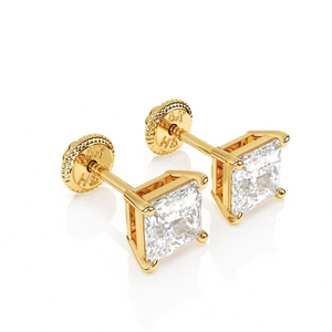 4mm Clear Princess Cut CZ, Stud Earrings - Solid 14K Gold, Screw Back, for Babies & Children
