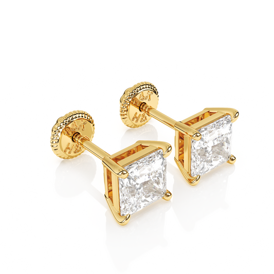 4mm Clear Princess Cut CZ, Stud Earrings - Solid 14K Gold, Screw Back, for Babies & Children