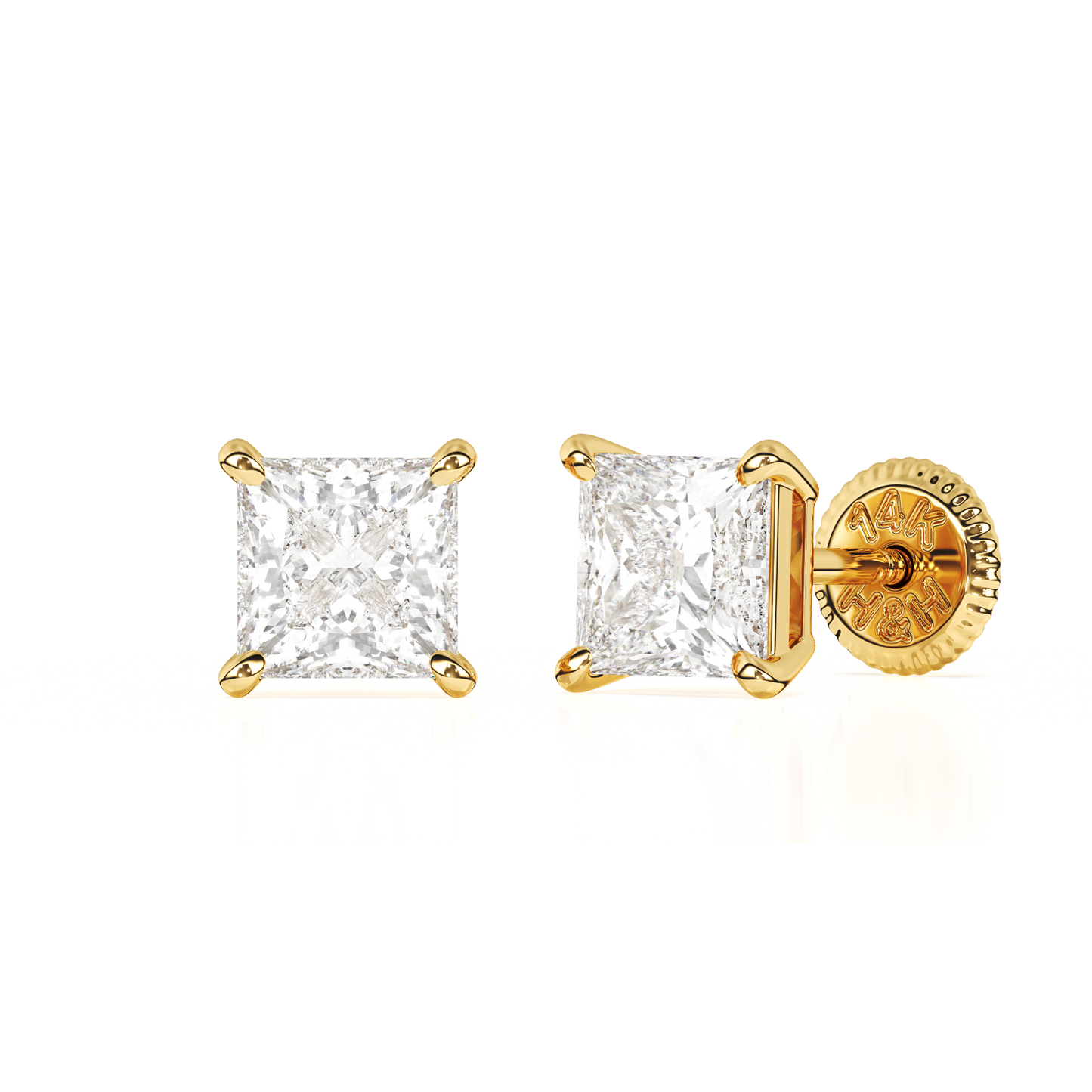 4mm Clear Princess Cut CZ, Stud Earrings - Solid 14K Gold, Screw Back, for Babies & Children