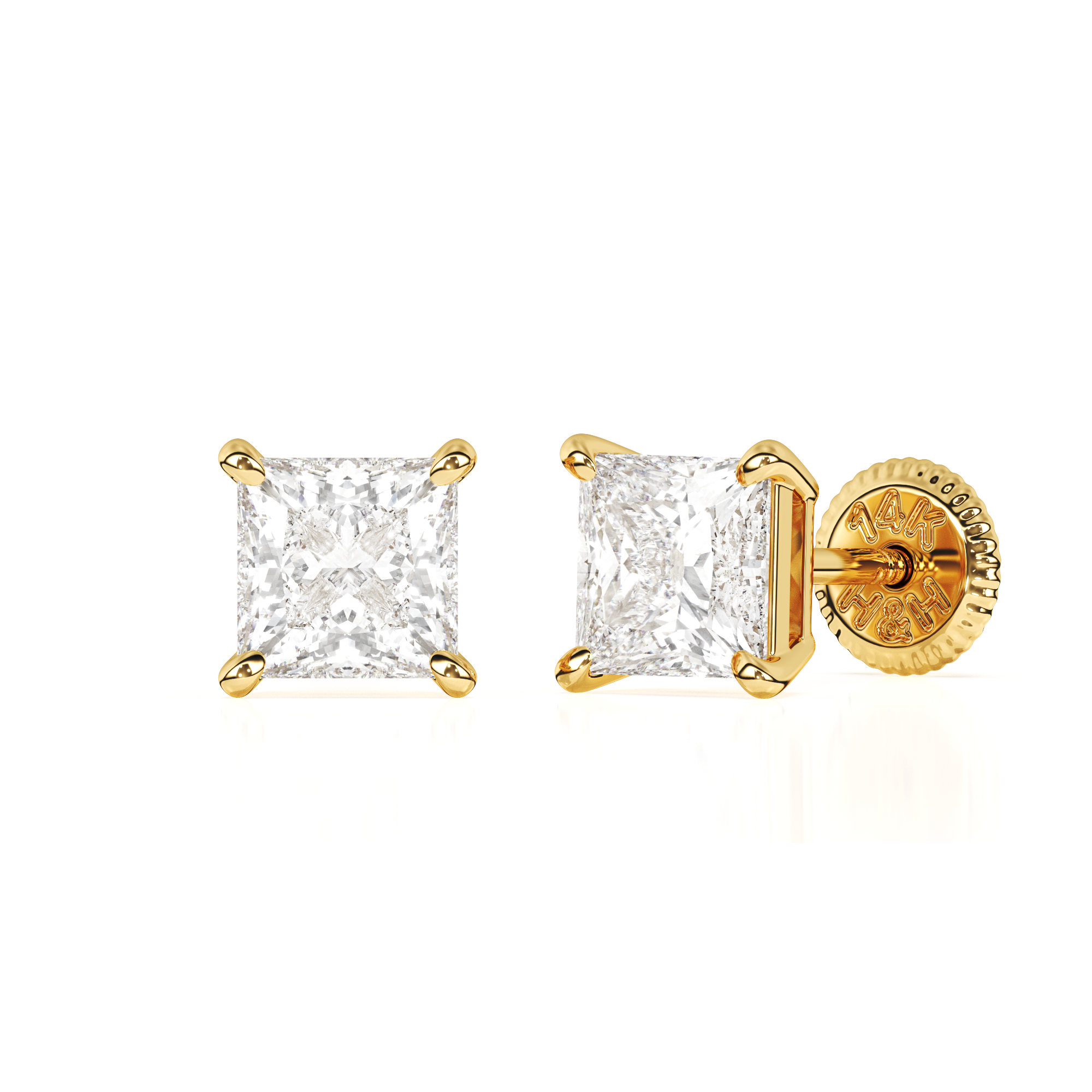 4mm Clear Princess Cut CZ, Stud Earrings - Solid 14K Gold, Screw Back, for Babies & Children