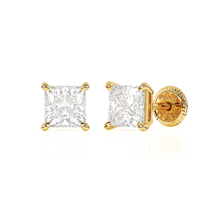 4mm Clear Princess Cut CZ, Stud Earrings - Solid 14K Gold, Screw Back, for Babies & Children
