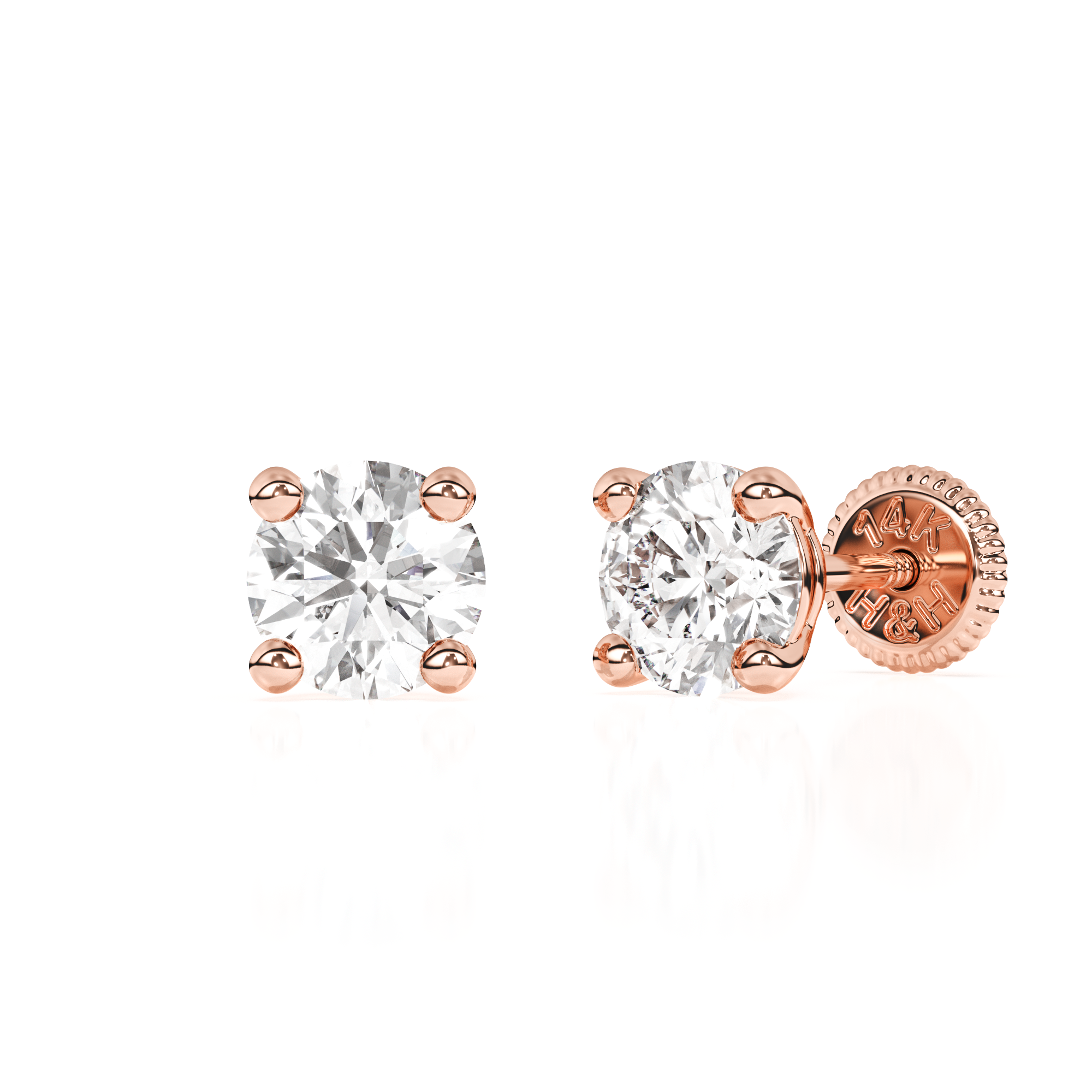 Pendientes de botón con circonita cúbica redonda transparente de 4 mm - Oro rosa macizo de 14 quilates, cierre de rosca, para bebés y niños