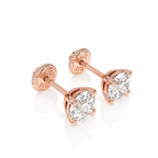 Pendientes de botón con circonita cúbica redonda transparente de 4 mm - Oro rosa macizo de 14 quilates, cierre de rosca, para bebés y niños