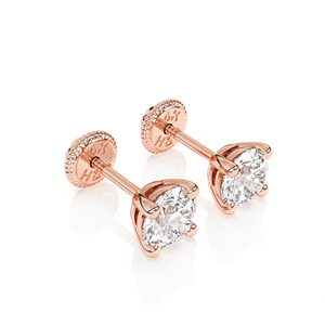 Pendientes de botón con circonita cúbica redonda transparente de 4 mm - Oro rosa macizo de 14 quilates, cierre de rosca, para bebés y niños