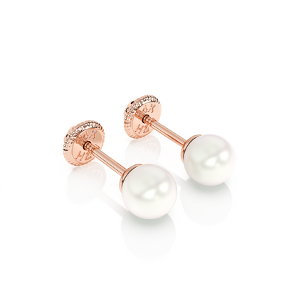 4mm Pearl Stud Earrings - Solid 14K Rose Gold, Screw Back, for Babies & Children