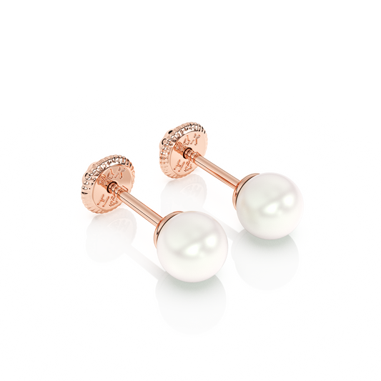 4mm Pearl Stud Earrings - Solid 14K Rose Gold, Screw Back, for Babies & Children