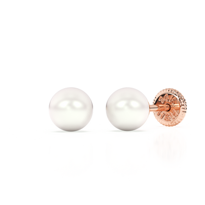 4mm Pearl Stud Earrings - Solid 14K Rose Gold, Screw Back, for Babies & Children