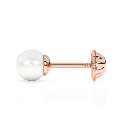 4mm Pearl Stud Earrings - Solid 14K Rose Gold, Screw Back, for Babies & Children