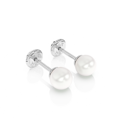4mm Pearl Stud Earrings - Solid 14K White Gold, Screw Back, for Babies & Children
