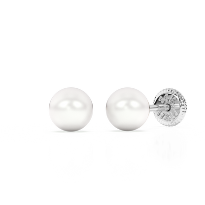 4mm Pearl Stud Earrings - Solid 14K White Gold, Screw Back, for Babies & Children