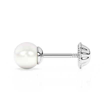 4mm Pearl Stud Earrings - Solid 14K White Gold, Screw Back, for Babies & Children