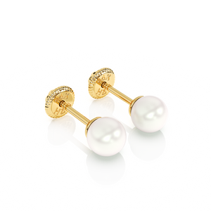 4mm Pearl Stud Earrings - Solid 14K Gold, Screw Back, for Babies & Children