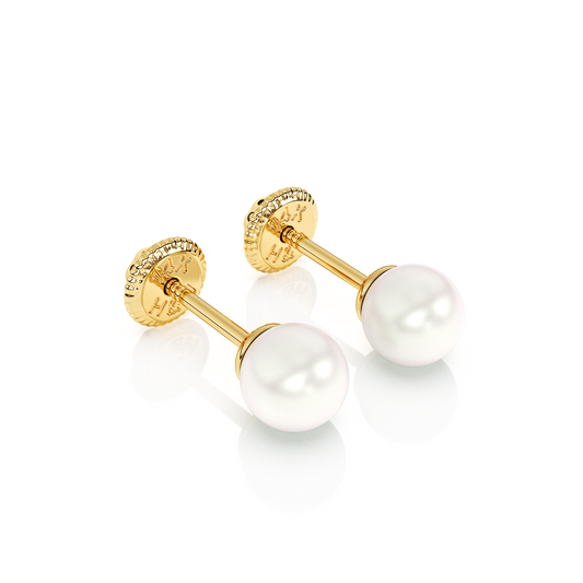 4mm Pearl Stud Earrings - Solid 14K Gold, Screw Back, for Babies & Children