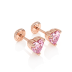 4mm Pink Heart CZ Stud Earrings - Solid 14K Rose Gold, Screw Back, for Babies & Children