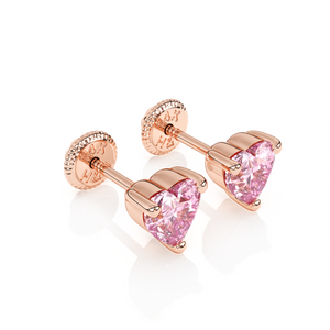 4mm Pink Heart CZ Stud Earrings - Solid 14K Rose Gold, Screw Back, for Babies & Children