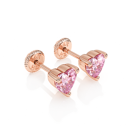 4mm Pink Heart CZ Stud Earrings - Solid 14K Rose Gold, Screw Back, for Babies & Children