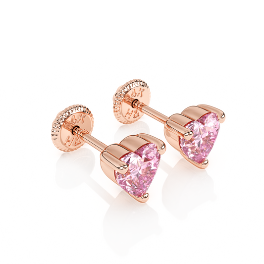 4mm Pink Heart CZ Stud Earrings - Solid 14K Rose Gold, Screw Back, for Babies & Children
